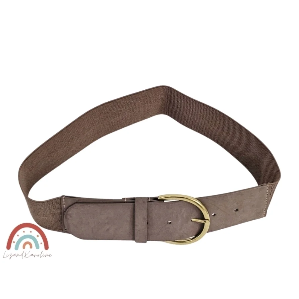 New! Faux Leather Wide Brass Buckle Stretchy Dark Taupe Belt S/M